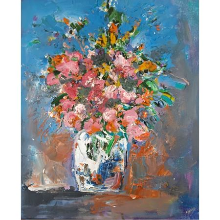 Flower Vase Still Life Knife Canvas Painting by Artist Dr. Maya Subramoni 24 x 20 Inches